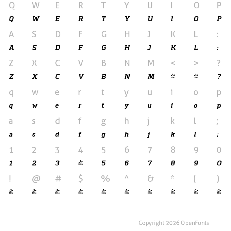 Character Map of FONTSPRING DEMO - Abula Organic Bold Italic
