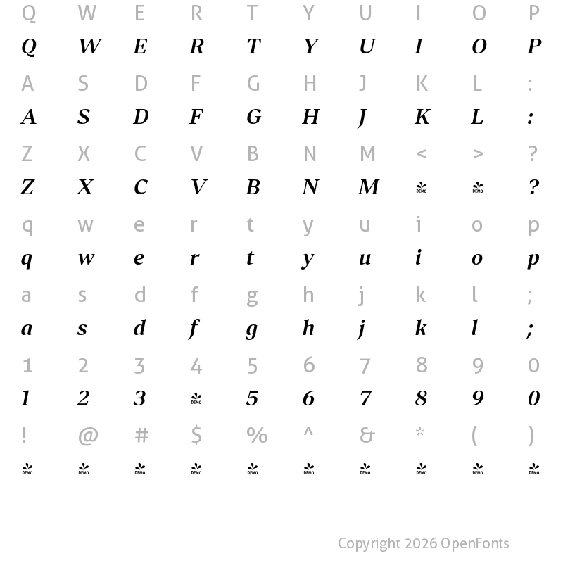 Character Map of FONTSPRING DEMO - Accia Forte SemBd Italic