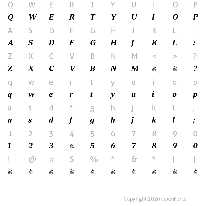 Character Map of FONTSPRING DEMO - Accia Moderato Bold Italic