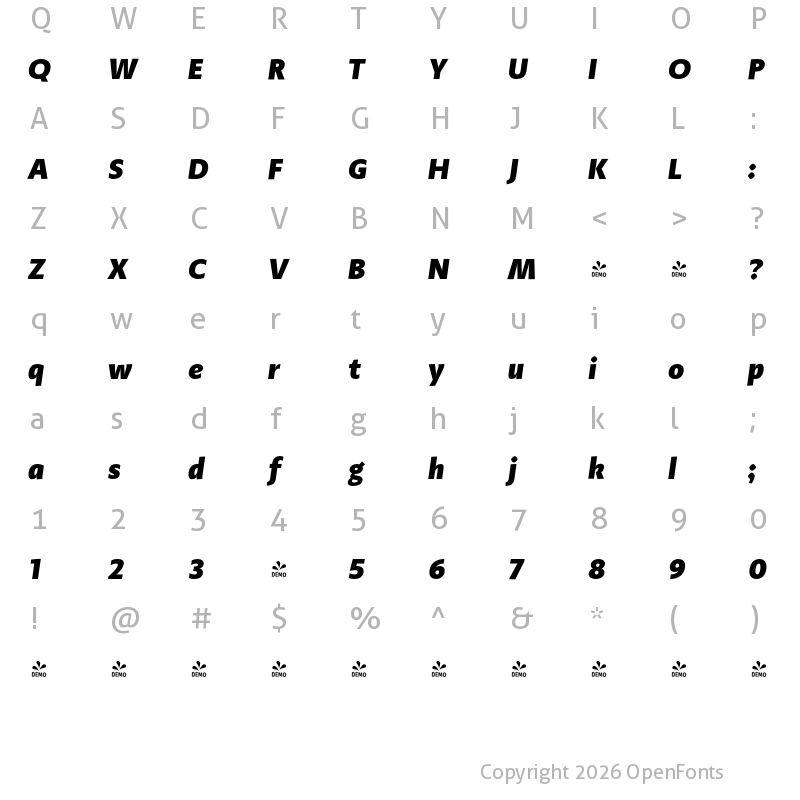 Character Map of FONTSPRING DEMO - Adagio_Sans Heavy Italic