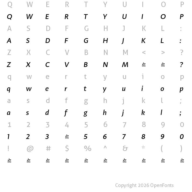 Character Map of FONTSPRING DEMO - Adagio_Sans Medium Italic