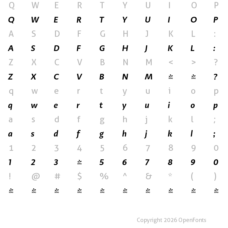 Character Map of FONTSPRING DEMO - Adagio_Sans SemiBold Italic