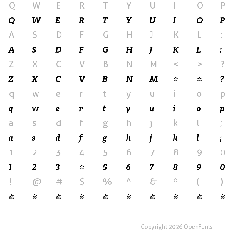 Character Map of FONTSPRING DEMO - Adagio_Slab SemiBold Italic