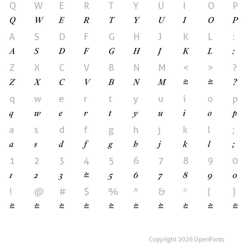 Character Map of FONTSPRING DEMO - Addington CF Italic