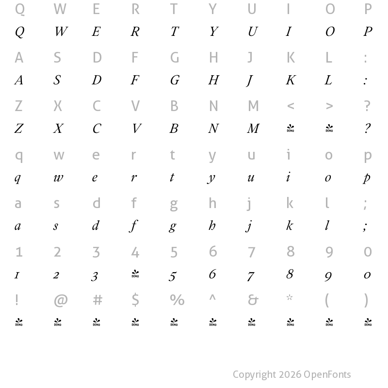 Character Map of FONTSPRING DEMO - Addington CF Light Italic