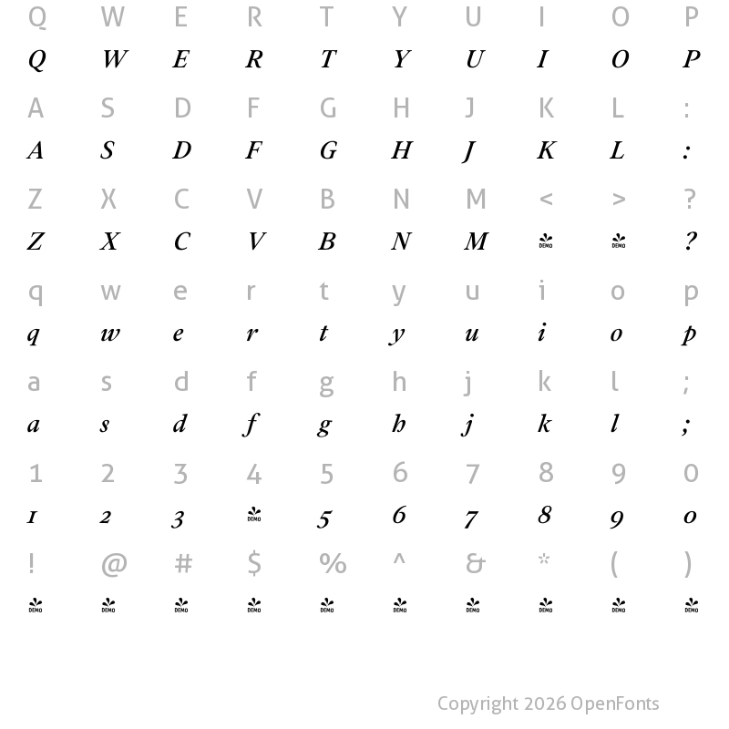 Character Map of FONTSPRING DEMO - Addington CF Medium Italic