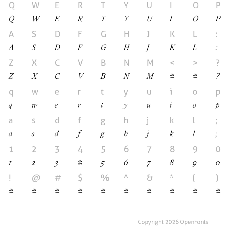 Character Map of FONTSPRING DEMO - Addington CF Thin Italic