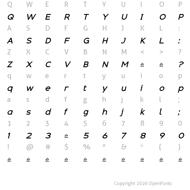 Character Map of FONTSPRING DEMO - Adequate Medium Italic