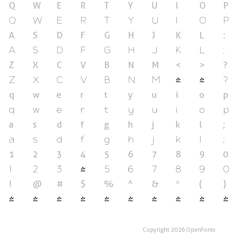 Character Map of FONTSPRING DEMO - ADGET SANS Thin Regular