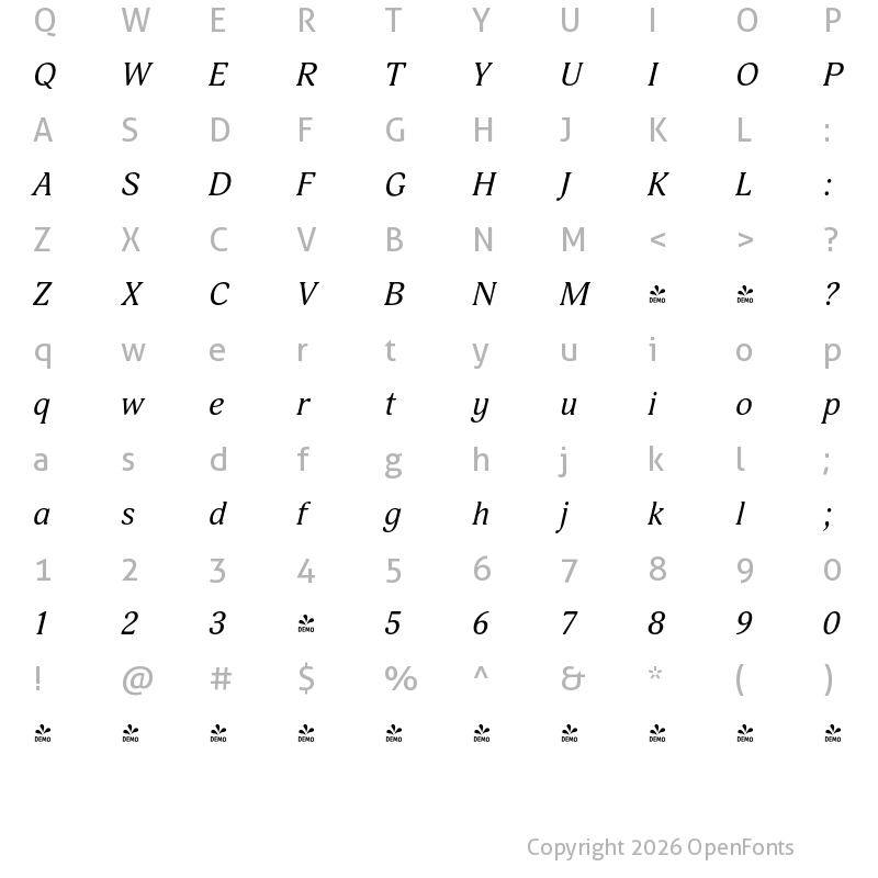 Character Map of FONTSPRING DEMO - Adonis Italic