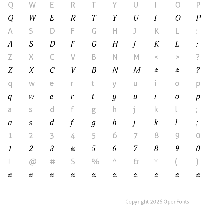 Character Map of FONTSPRING DEMO - Adonis New Italic