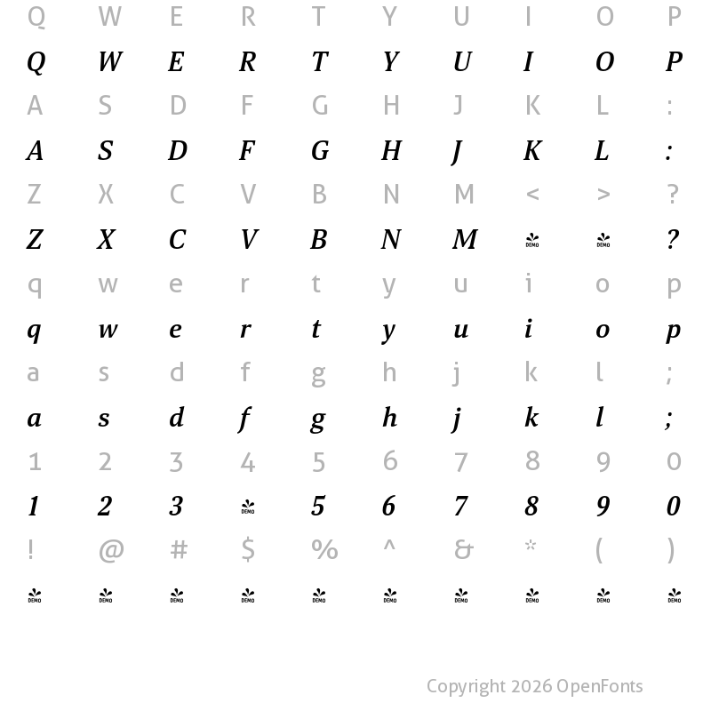 Character Map of FONTSPRING DEMO - Aelita Medium Medium Italic