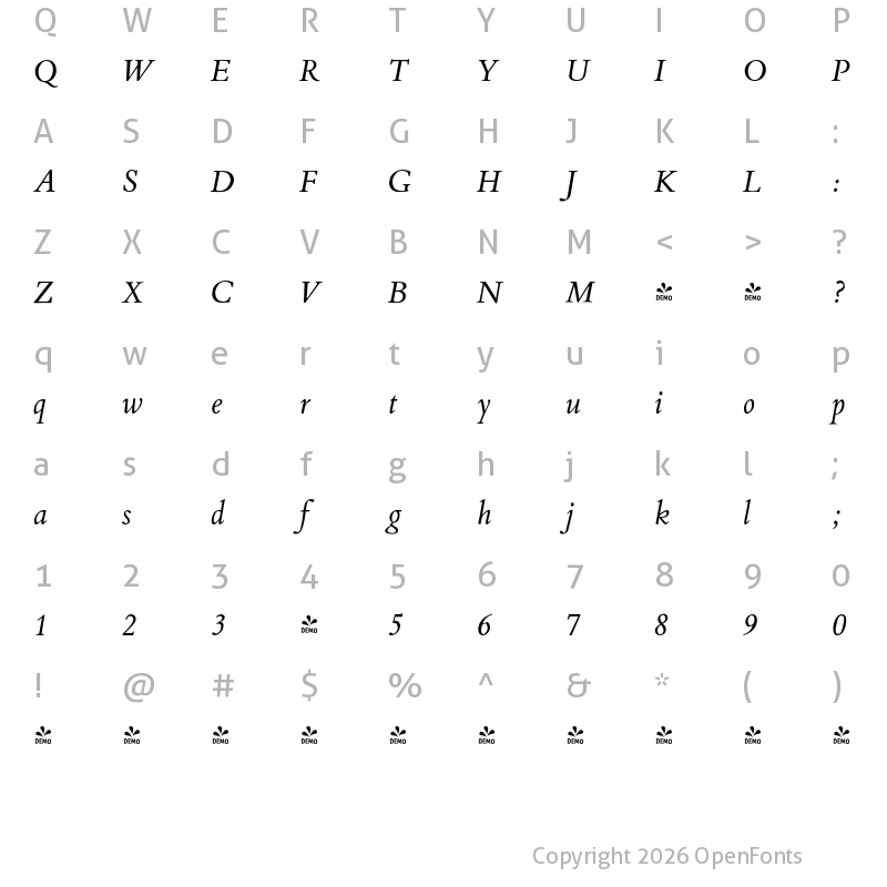 Character Map of FONTSPRING DEMO - Aetna JY Pro Medium Medium Italic