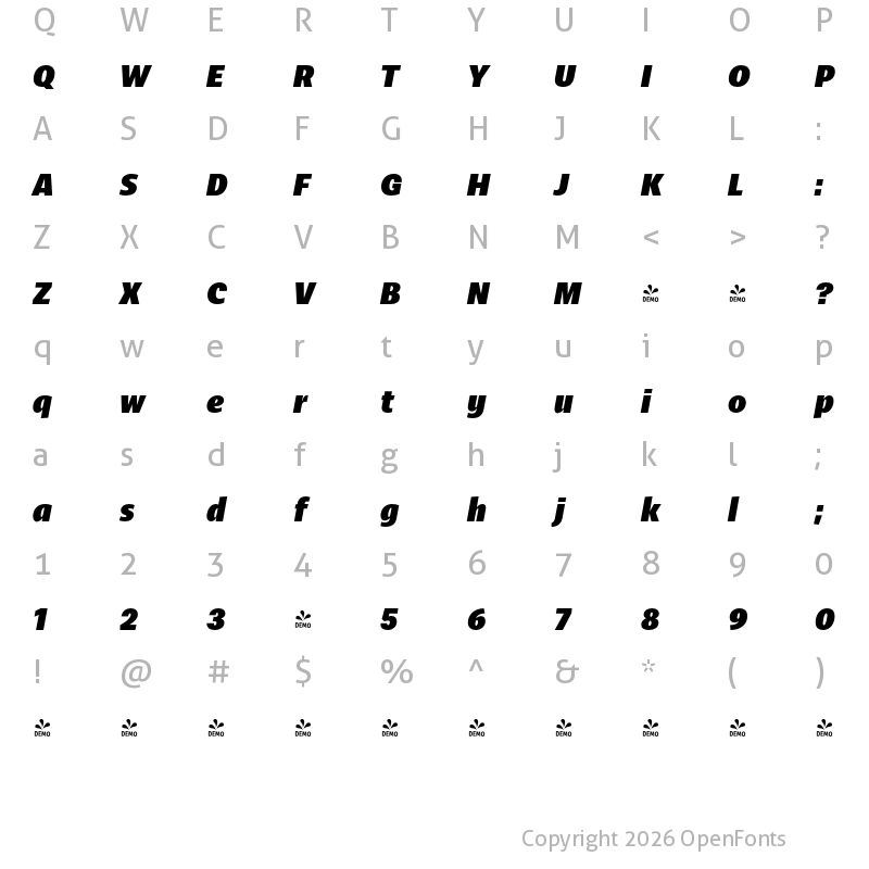 Character Map of FONTSPRING DEMO - Ahimsa Black Italic