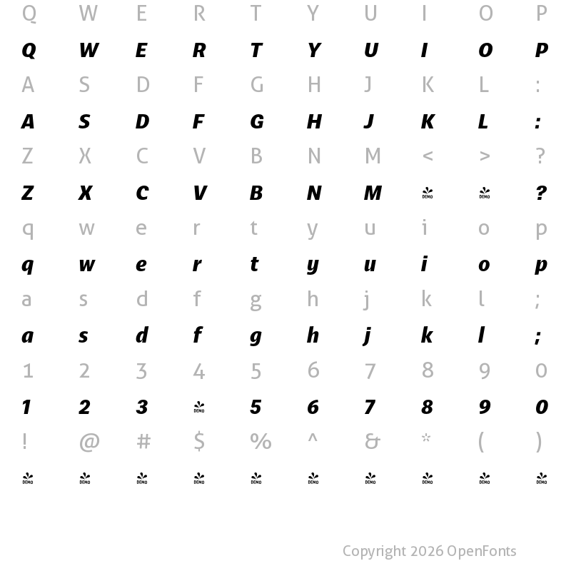 Character Map of FONTSPRING DEMO - Ahimsa Bold Italic