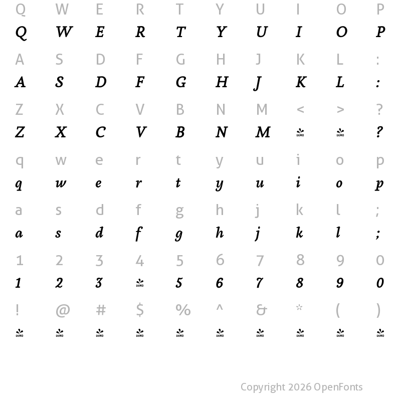 Character Map of FONTSPRING DEMO - Aila- Bold Italic