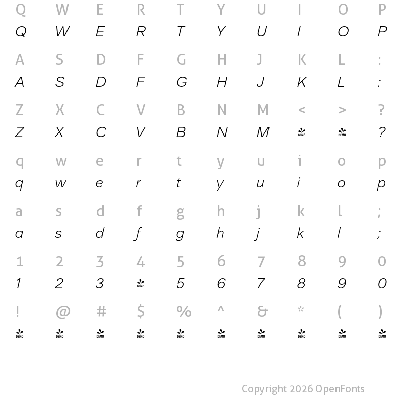 Character Map of FONTSPRING DEMO - Aksara Light Italic