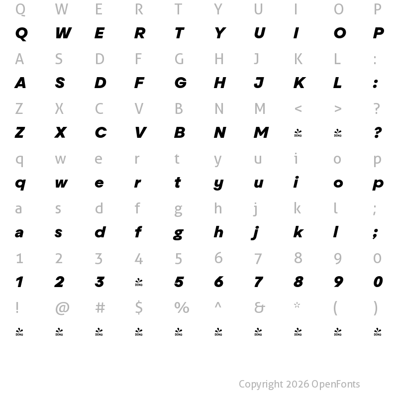 Character Map of FONTSPRING DEMO - Aktifo A Black Oblique Regular