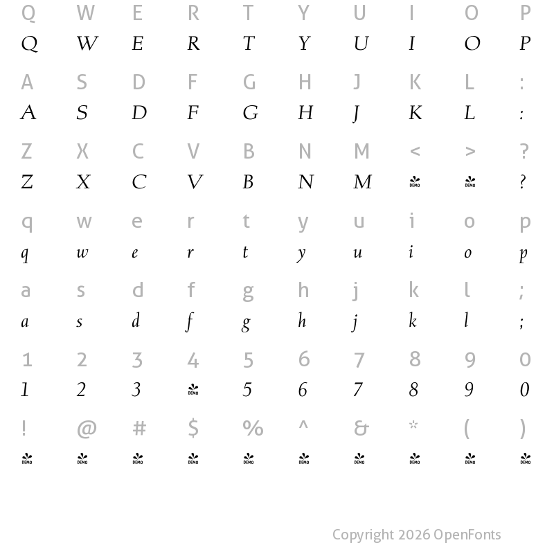 Character Map of FONTSPRING DEMO - Albertan Pro Italic