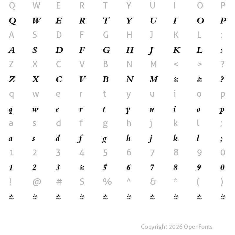 Character Map of FONTSPRING DEMO - Aldine 401 BT Bold Italic