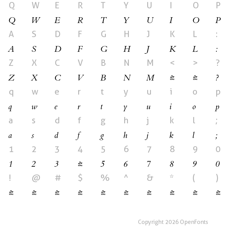 Character Map of FONTSPRING DEMO - Aldine 401 BT Italic