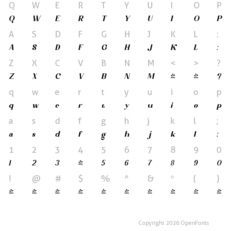 Character Map of FONTSPRING DEMO - Alegvierk Italic