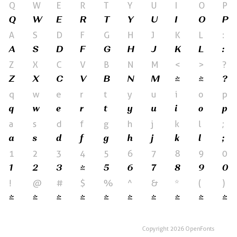 Character Map of FONTSPRING DEMO - Alethia Next Bold Italic