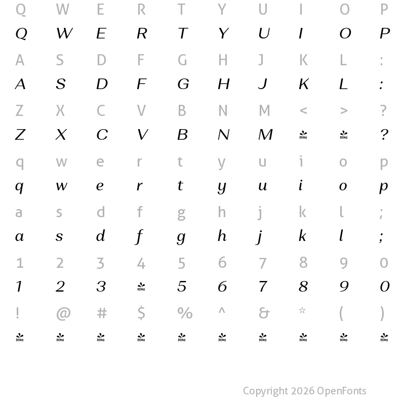 Character Map of FONTSPRING DEMO - Alethia Next Italic