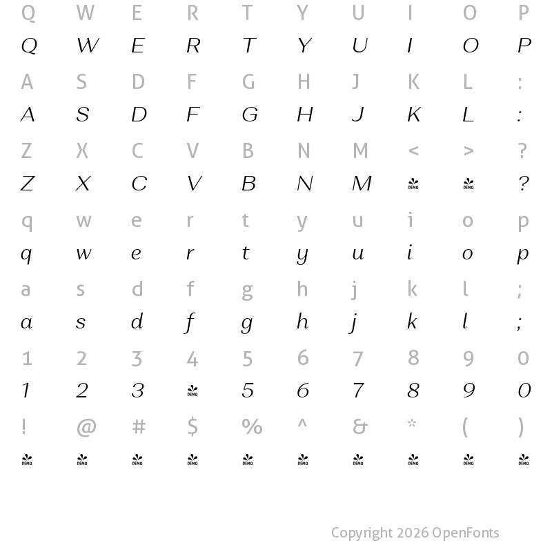 Character Map of FONTSPRING DEMO - Alethia Next Light Italic