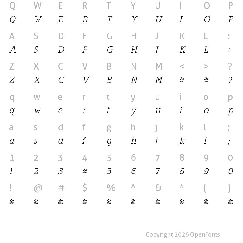 Character Map of FONTSPRING DEMO - Alexandrya Italic