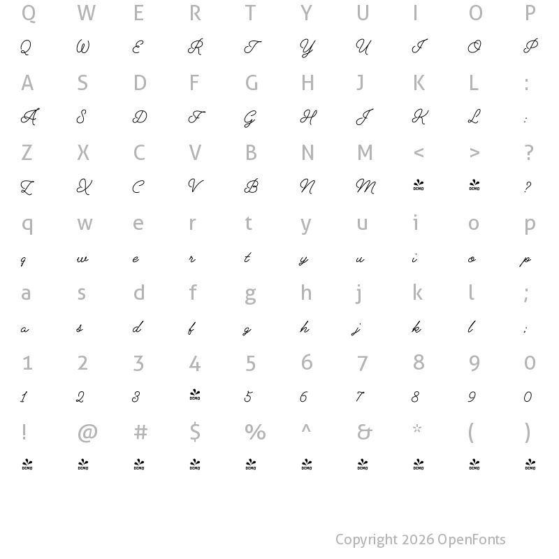 Character Map of FONTSPRING DEMO - Alfons Script Medium Regular