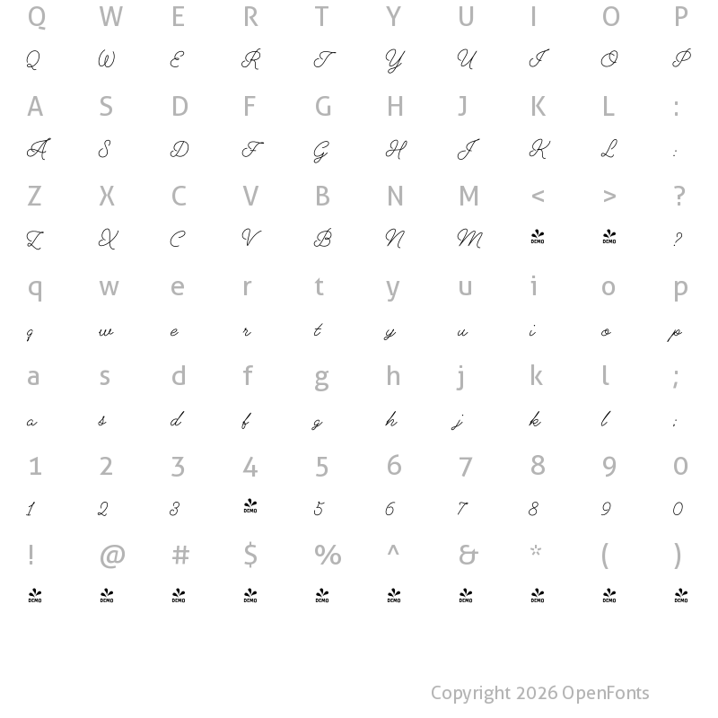 Character Map of FONTSPRING DEMO - Alfons Script Regular