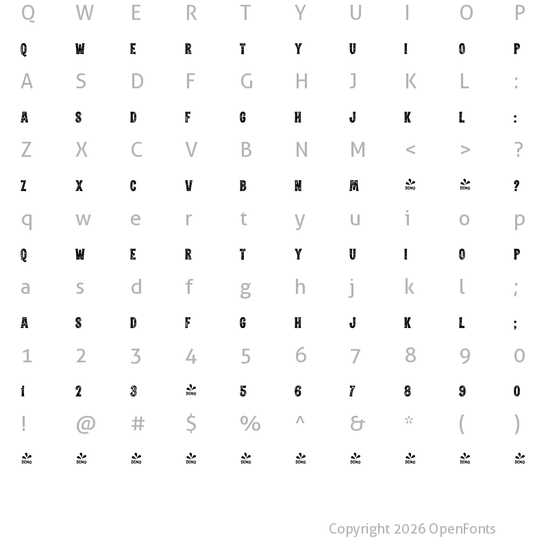 Character Map of FONTSPRING DEMO - Alfons Tiki Printed Regular