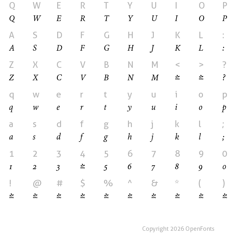 Character Map of FONTSPRING DEMO - Alia JY Italic