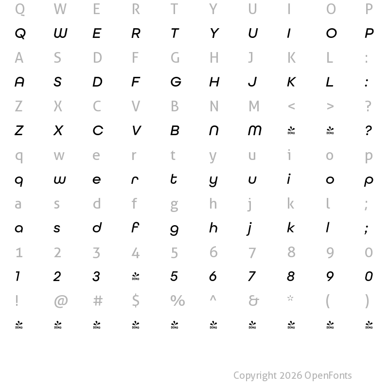 Character Map of FONTSPRING DEMO - All Round Gothic Medium Italic