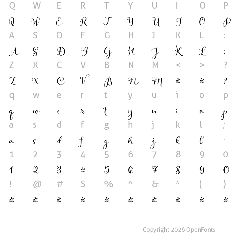 Character Map of FONTSPRING DEMO - Allegretto Script Regular