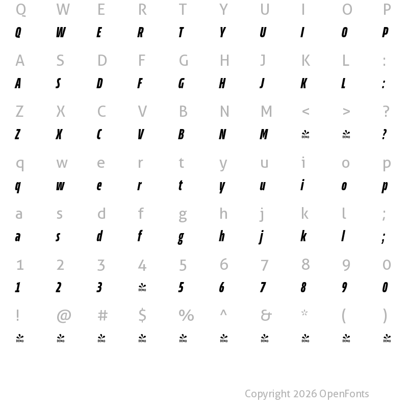 Character Map of FONTSPRING DEMO - Allotrope Compressed Bold Italic