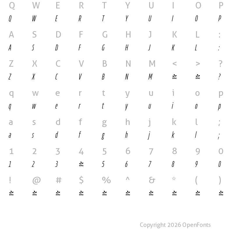 Character Map of FONTSPRING DEMO - Allotrope Compressed ExtraLight Italic