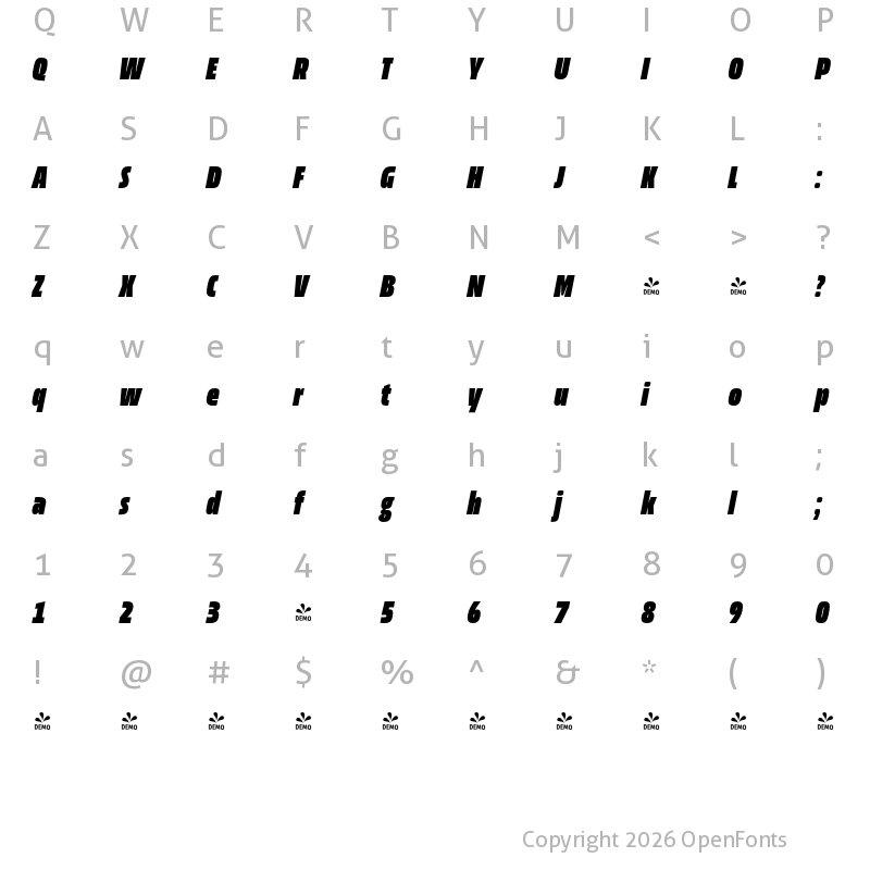 Character Map of FONTSPRING DEMO - Allotrope Compressed Heavy Italic