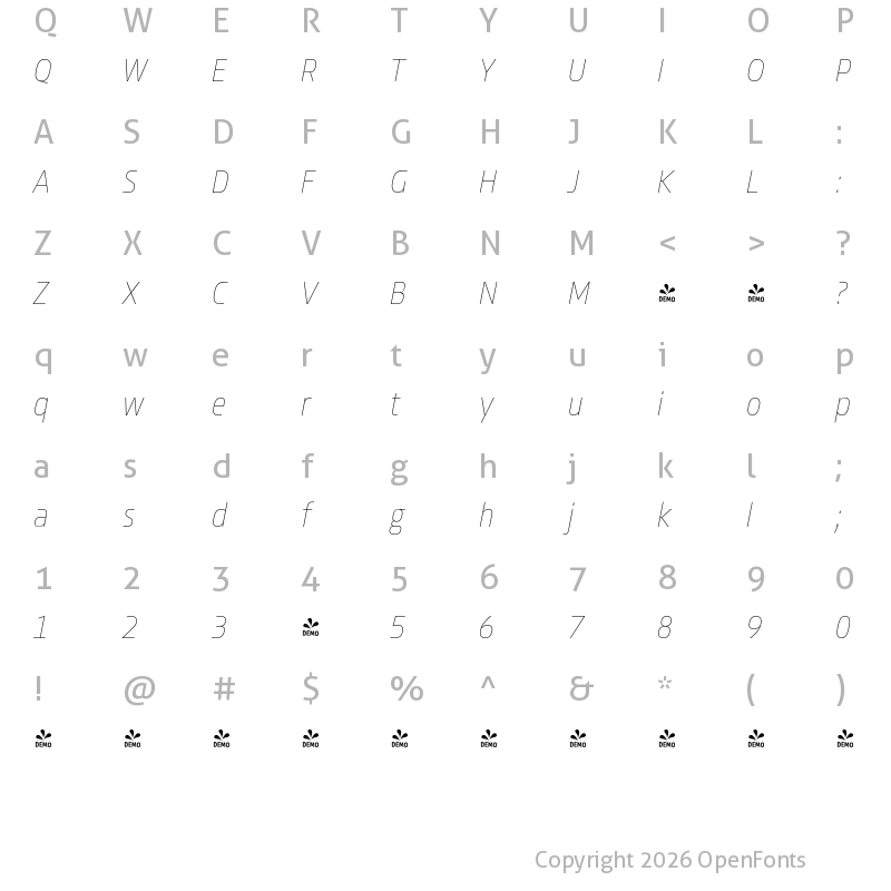 Character Map of FONTSPRING DEMO - Allotrope Condensed Thin Italic