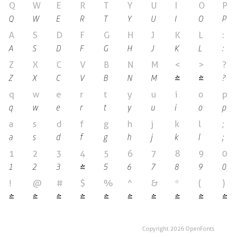 Character Map of FONTSPRING DEMO - Allotrope Condensed UltraLight Italic