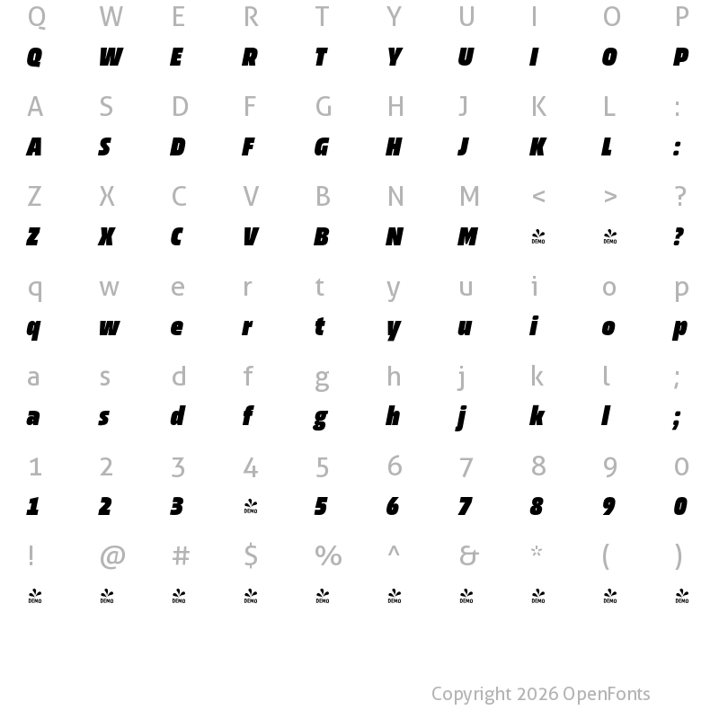 Character Map of FONTSPRING DEMO - Allotrope ExCondensed Heavy Italic