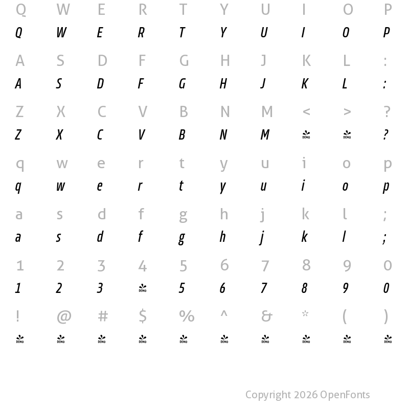 Character Map of FONTSPRING DEMO - Allotrope ExCondensed Italic