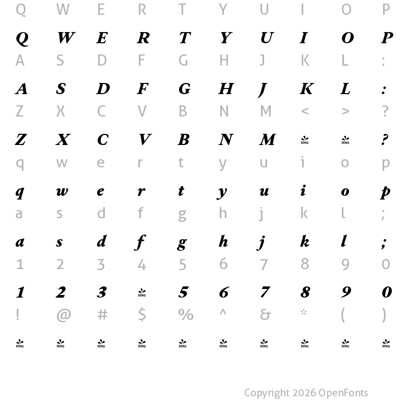 Character Map of FONTSPRING DEMO - Allrounder Antiqua Bold Italic