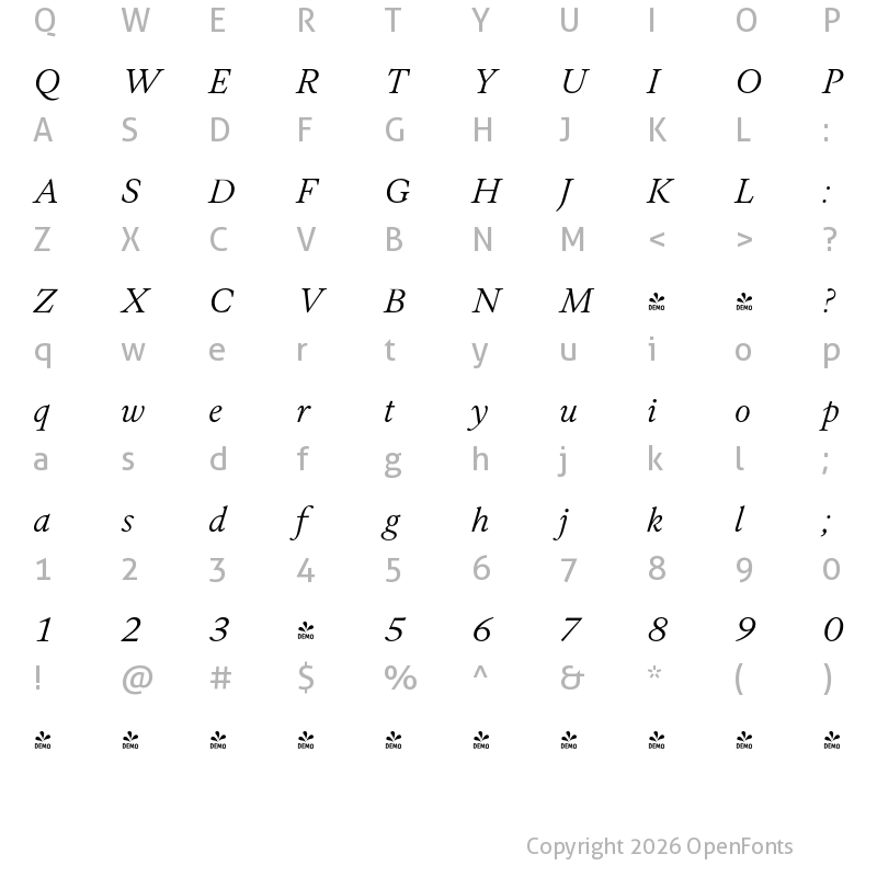 Character Map of FONTSPRING DEMO - Allrounder Antiqua Book Italic