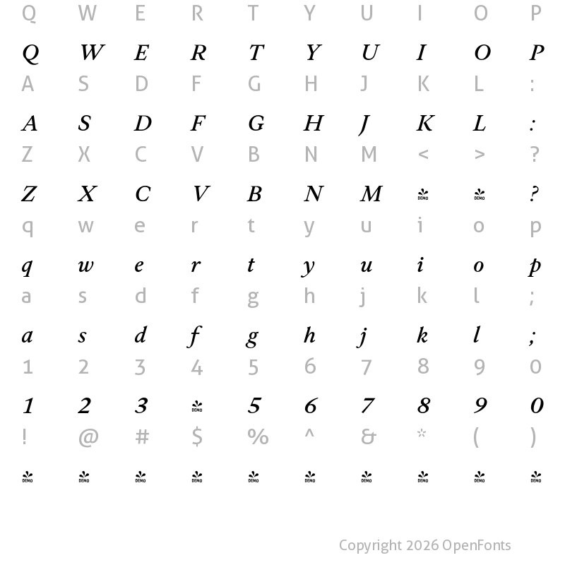 Character Map of FONTSPRING DEMO - Allrounder Antiqua Italic
