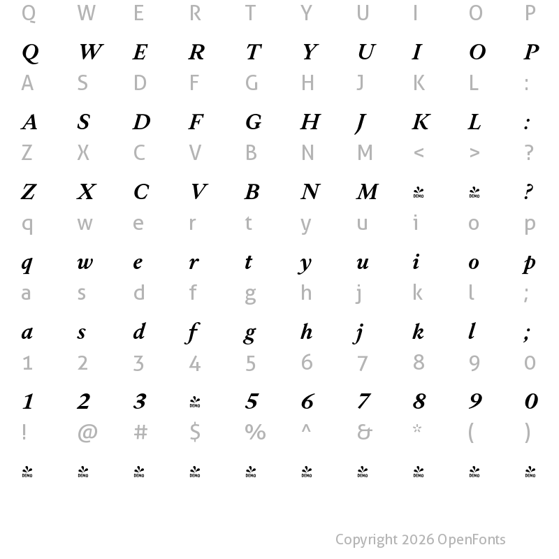 Character Map of FONTSPRING DEMO - Allrounder Antiqua Medium Italic