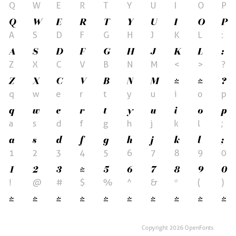 Character Map of FONTSPRING DEMO - Allrounder Didone Big Bold Italic