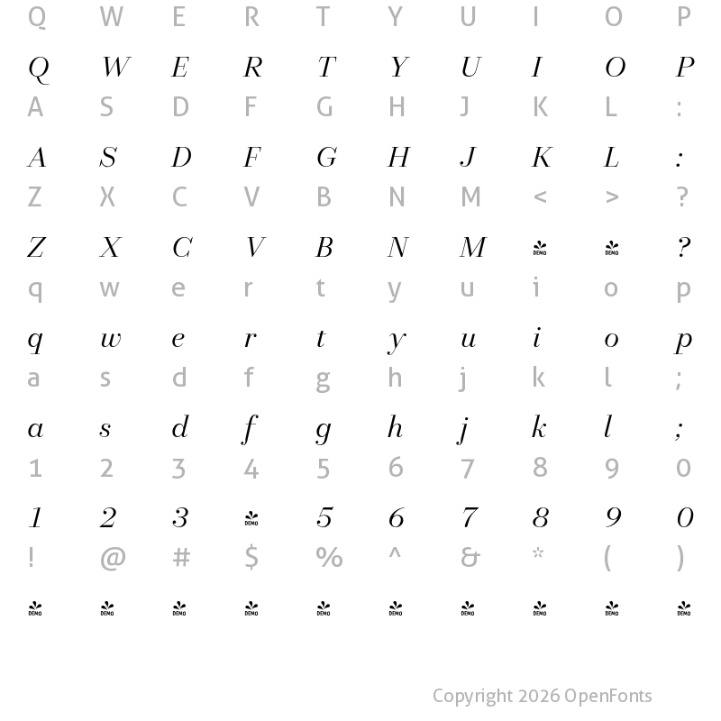 Character Map of FONTSPRING DEMO - Allrounder Didone Big Book Italic