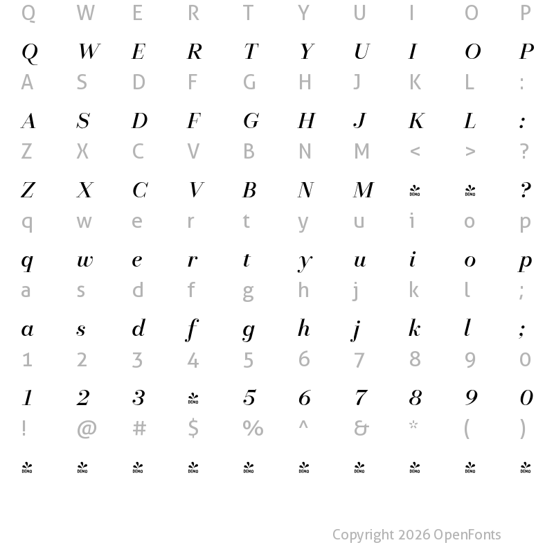 Character Map of FONTSPRING DEMO - Allrounder Didone Big Italic